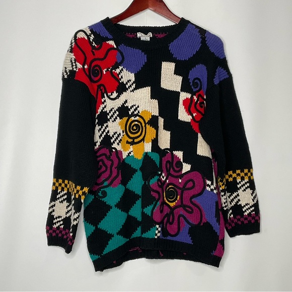 Christina Vintage Multi-Color Unique Designs Diamond Pattern Back Knit Sweater S - Picture 4 of 15